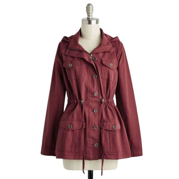 Blu Pepper Utility Hooded Jacket Button Zip Drawstring Maroon Women Size Medium - Picture 1 of 8